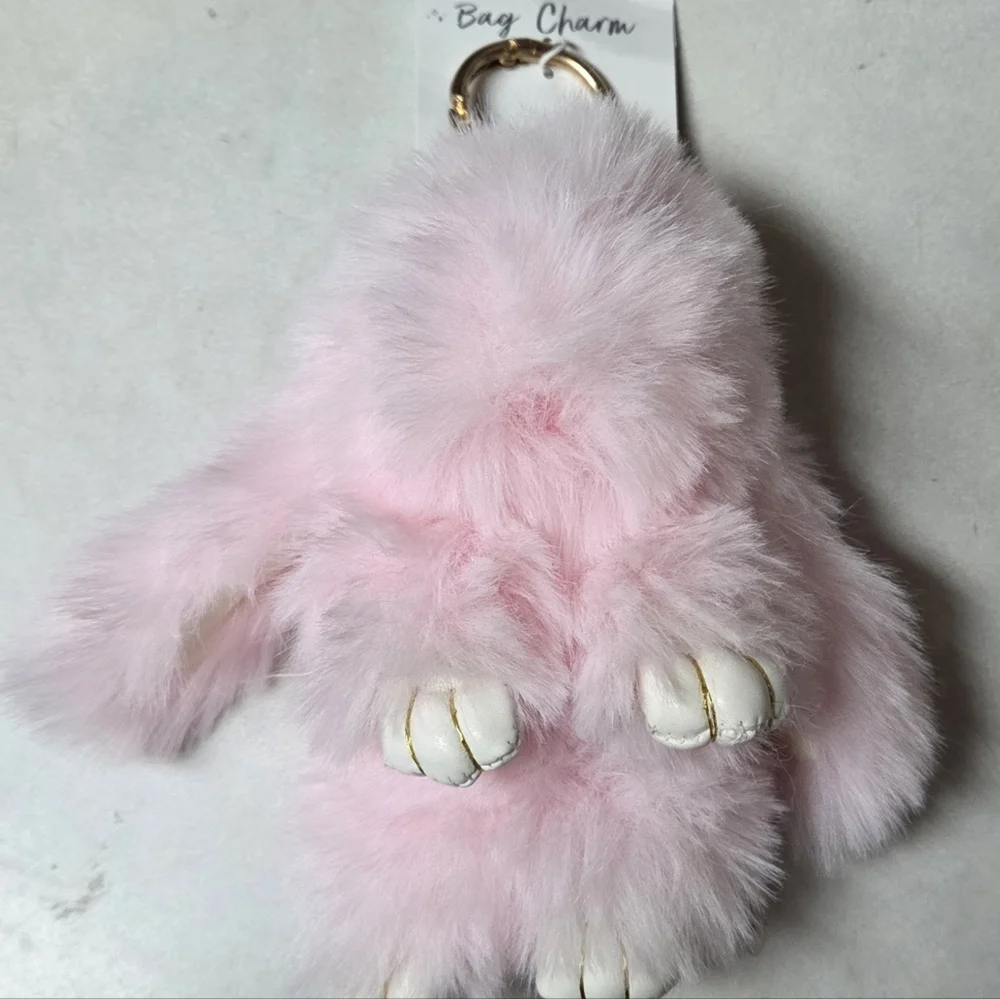 Novelty Fluffy Pink Bunny Keychain Charm Accessory